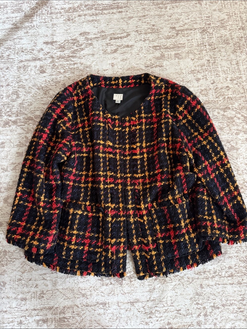 Woven Plaid Peplum Jacket in Black, Red & Gold